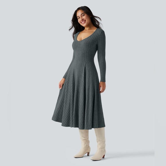 HALARA Dresses & Skirts - HALARA Grey Blue Ribbed Long Sleeve Dress